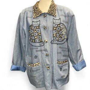 Vtg‎ Great Cavalier by St. Paul Cat Embroidered Chore Silk Denim Jacket Size M